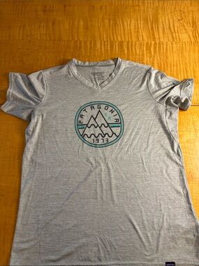 Patagonia Light Gray V-Neck Tee with Teal Logo Capilene Cool